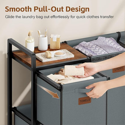 Hoctieon 4 Section Laundry Cart, 48 Gal. (182L) Laundry Hamper with Lid, Laundry Basket with Wheels, Rolling Laundry Sorter Organizer with Shelf, Clothes Separator with Removable Bags, Gray