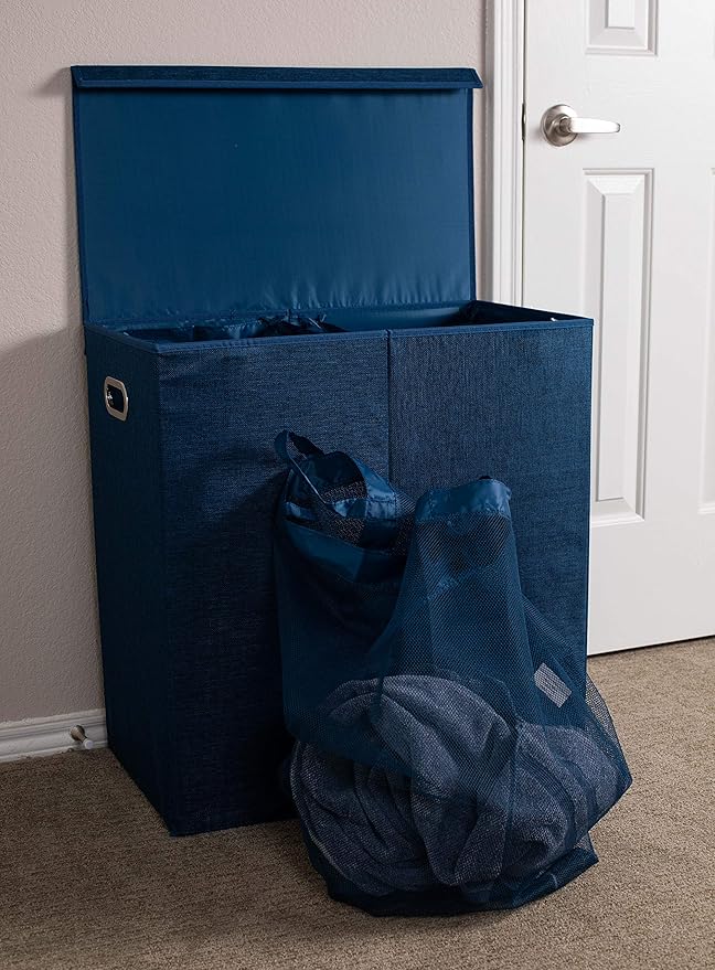 BIRDROCK HOME Laundry Hamper with Lid | Removable Bags for Sorting Clothes | Sectioned Laundry Basket for Bedroom & Bathroom | Collapsible Storage Bin with Cover | Double, Navy