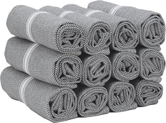 TEXAS LINEN CO. Cotton Kitchen Towels 12 Pack - 15 x 25 Inches - Highly Absorbent Dish Towels for Kitchen Drying, Soft Durable Reusable Quick Dry Tea, Kitchen and Dish Cloths Set - Grey Chambray