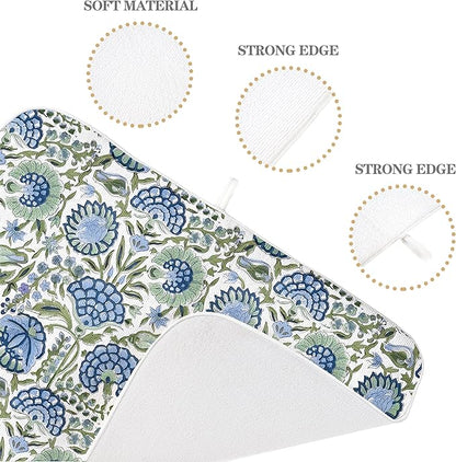 Blue Sage Green Floral Dish Drying Mats 18x24 Inch Sage Green Block Print Flower Holiday Kitchen Decor Absorbent Drying Pad Rack Drainer Mats for Kitchen Dining Room Counter