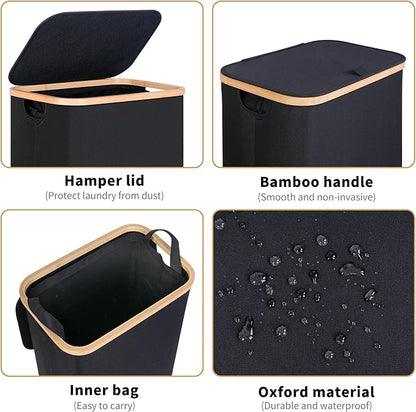 75L Slim Laundry Hamper, Narrow Laundry Basket with Lid,Foldable Clothes Hamper with Bamboo Handles,Hamper Basket with Removable Inner Bag for Laundry Room Bedroom College Dorm,19.8 Gals Black