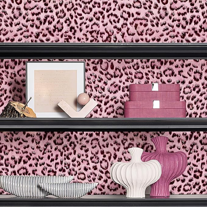 Leopard Print Peel and Stick Wallpaper, Waterproof Removable Self Adhesive Textured Wall Paper, Black and Pink Unique Funky Cheetah Contact Paper for Bedroom and Bathroom 120"X17.3"(14.4 sq. ft)