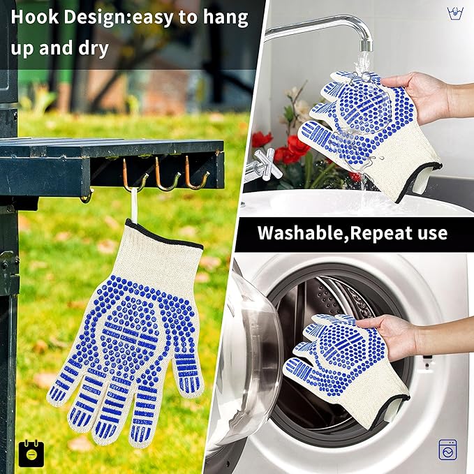 BBQ Gloves, Oven Gloves Extreme Heat & Cut Resistant Oven Mitts with Fingers for BBQ, Cooking, Grilling, Baking Grilling Gloves Silicone Non-Slip Oven Mitts, Kitchen Gloves (Blue)