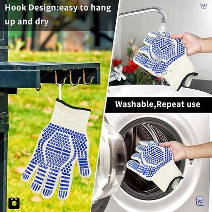 BBQ Gloves, Oven Gloves Extreme Heat & Cut Resistant Oven Mitts with Fingers for BBQ, Cooking, Grilling, Baking Grilling Gloves Silicone Non-Slip Oven Mitts, Kitchen Gloves (Blue)