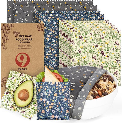 Akeeko Reusable Beeswax Food Wraps - Assorted 9 Packs, Eco-Friendly Reusable Wrap, Biodegradable, Zero Waste, Organic Cloth, Sustainable, Plastic-Free Food Storage, 1Large, 3Medium, 5Small Sizes