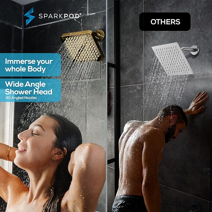 SparkPod Shower Head - High Pressure Rain - Premium Quality Luxury Design - Easy Clean Adjustable Replacement for Your Bathroom Shower Heads (Egyptian Gold, 6 Inch Square)