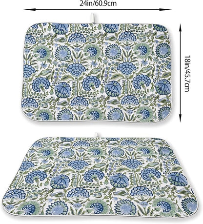 Boho Navy Blue Sage Green Dish Drying Mat 18x24 Inch Vintage Floral Drying Mat Chinoiserie Flower Spring Summer Absorbent Dish Drying Pad Dish Rack Drainer Mats for Kitchen Dining Counter