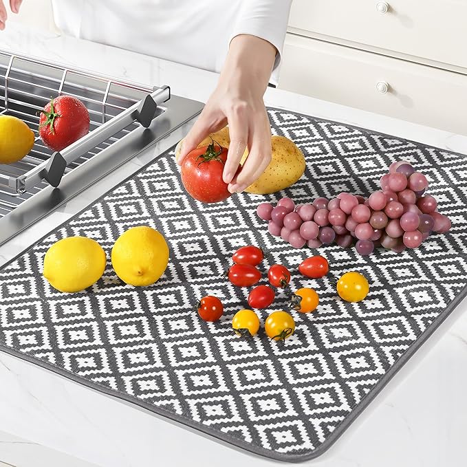 Subekyu 2 Pack Dish Drying Mat, 24*18 inch Ultra Absorbent Microfiber Dishes Drainer Mats for Kitchen Counter, Large Size Dish Drying Pad with Rhombus patterns