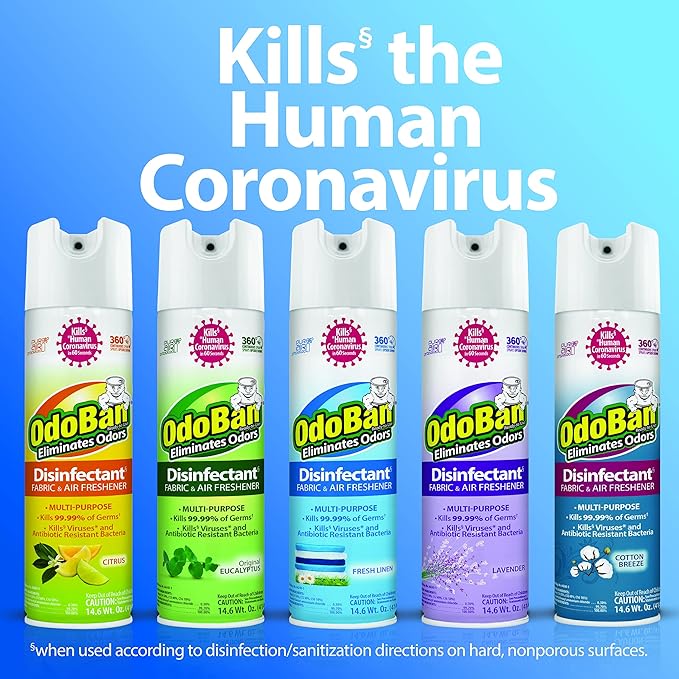 OdoBan Ready-to-Use 360-Degree Continuous Spray Disinfectant and Harsh Aroma Eliminator, Fabric and Air Freshener, 2 Pack, 14.6 Ounces Each, Lavender Scent