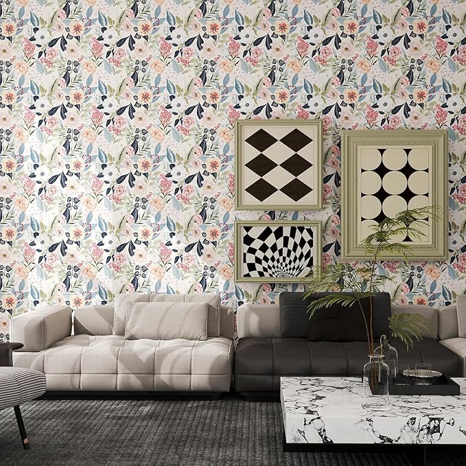 Timeet Floral Wallpaper Peel and Stick Vintage Floral Contact Paper Peel and Stick 17.3" x 120" Flower Wallpaper Boho Leaf Removable Self Adhesive Wall Paper for Cabinets Bedroom Wall Decorative