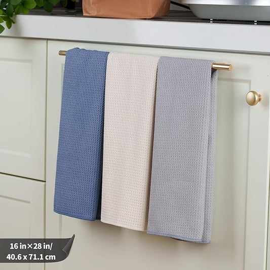 POLYTE Premium Microfiber Kitchen Dish Hand Towel Waffle Weave 12 Pack (16x28 in, Dark Blue, Gray, Off White)