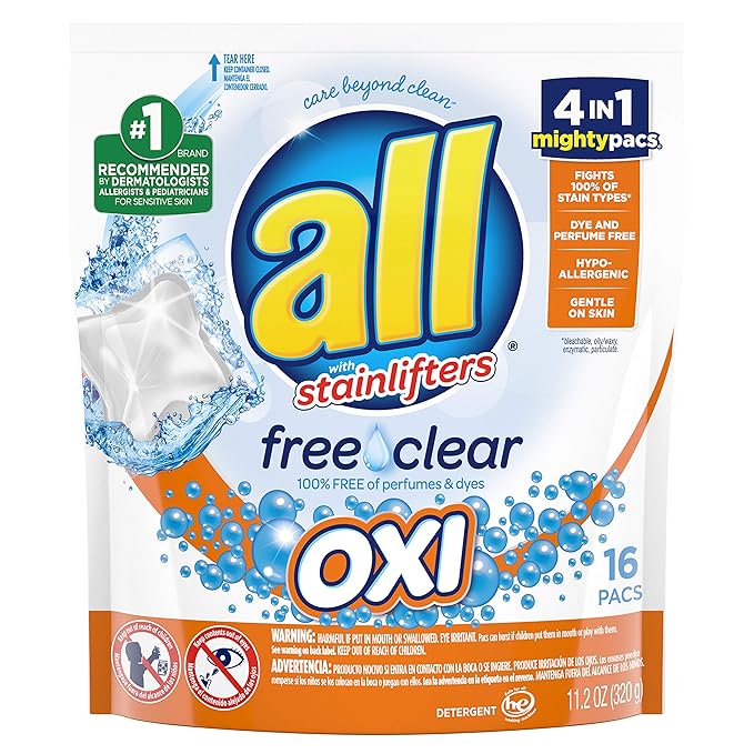 All Mighty Pacs Laundry Detergent, Free Clear Pouch, 16 Count (10072613739827)