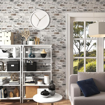 Brick Wallpaper Peel and Stick Wallpaper 17.3"x78.8" Grey and White 3D Brick Wallpapers Self Adhesive Vintage Wall Paper Removable Textured Contact Paper for Fireplace Kitchen Home Decoration Vinyl