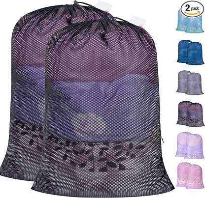 Polecasa Extra Heavy Duty Large Diamond Mesh Laundry Bags with Drawstring Closure & ID Tag, 2 Pack 24 x 36 inches Washable Storage Bag for College, Travel, Sports, Dorms, Black