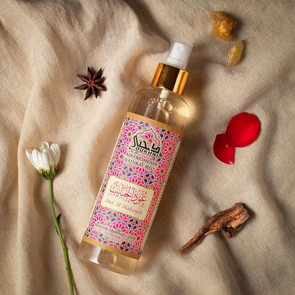 Oud al Habayeb Arabic Room Spray by Dukhni | 250ml Oud fragrance Air Freshener, Attar al Faraash for home & prayer mats | Bed linen, Sofa Mist, natural home scent, curtain spray, odour eliminator