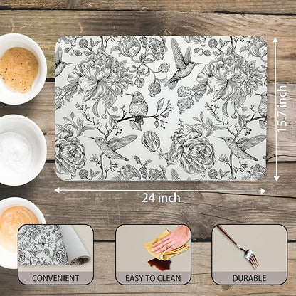 Black and White Floral Hummingbird Dish Drying Mat, Vintage Botanical Coffee Bar Mat for Countertops, Bird Flower Absorbent Dish Drying Mats for Kitchen Counter Coffee Maker, 16x24 Inch