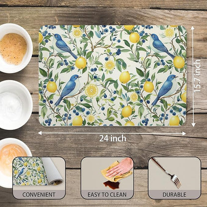 Vibrant Birds Lemon Dish Drying Mat, Summer Lemon Blueberry Tree Coffee Bar Mat for Countertops, Nature Botanical Absorbent Dish Drying Mats for Kitchen Counter Coffee Maker, 16x24 Inch