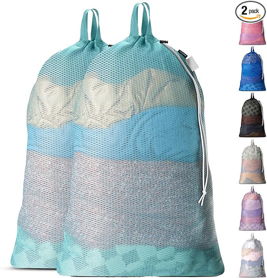 Handy Laundry Mesh Laundry Bags 24 x 36 Inches, 2-Pack - Extra Large Heavy Duty Bag with Handles & Shoulder Strap, Breathable, Machine Washable for Dorm, Travel, Bedding & Storage - Teal