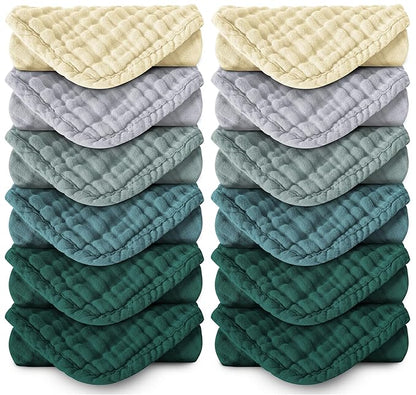 MOON PARK Baby Washcloths, 12 Pack - 12x12 Inches, Small Burp Cloths and Baby Wipes - 100% Cotton Muslin Ultra Soft for Newborn, Infant and Toddlers - Ivory, Slate and Emerald Series