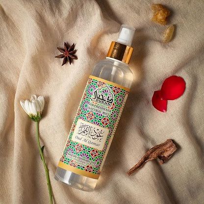 Oud al Qamar Arabic Room Spray by Dukhni | 250ml Oud fragrance Air Freshener, Attar al Faraash for home & prayer mats | Bed linen, Sofa Mist, natural home scent, curtain spray, odour eliminator
