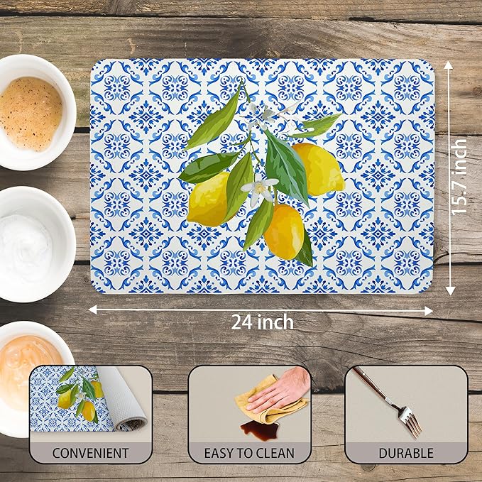 Blue and White Floral Lemon Dish Drying Mat, Mediterranean Tiles Coffee Bar Mat for Countertops, Lemons Absorbent Dish Drying Mats for Kitchen Counter Coffee Maker, 16x24 Inch
