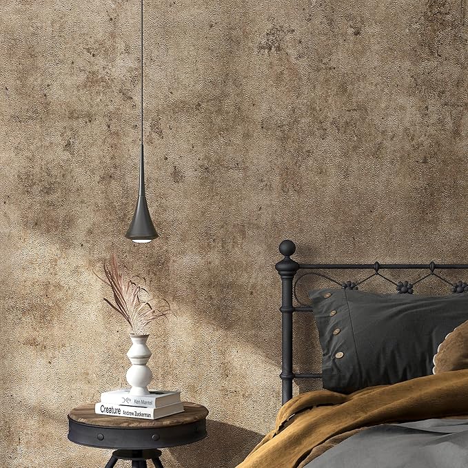FunStick Brown Concrete Wallpaper Peel and Stick Textured Grunge Metallic Accent Wall Paper for Bedroom Bathroom Self Adhesive Removable Concrete Contact Paper for Walls Countertops Waterproof 15.8x80