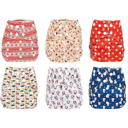 Simple Being Reusable Cloth Diapers, Double Gusset, One Size Adjustable, Washable Soft Absorbent, Waterproof Cover, Eco-Friendly Unisex Baby Girl Boy, six 4-Layers Microfiber Inserts (Christmas)