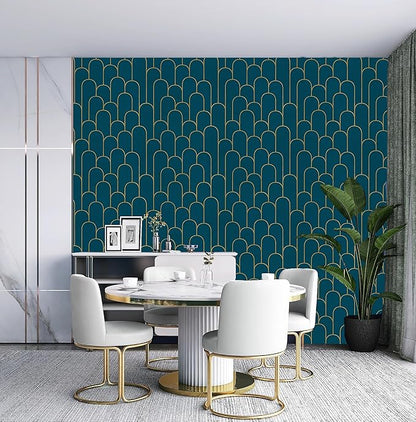 Yasinet Peel and Stick Wallpaper Blue and Gold Wallpaper Blue Geometric Contact Paper Removable Self-Adhesive Stripe Waterproof Wall Paper Decorative for Wall Bedroom Vinyl Film 17.3”x118”