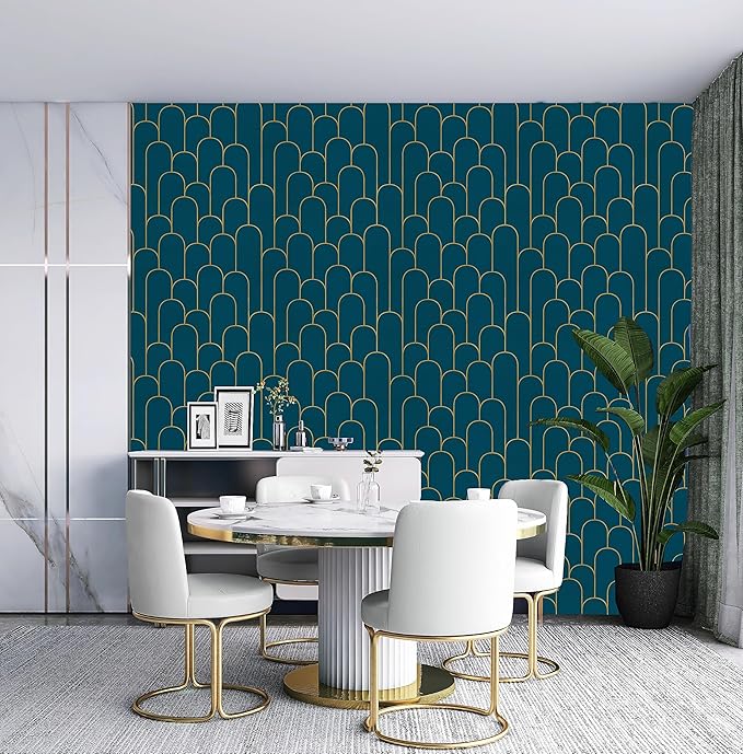 Yasinet Peel and Stick Wallpaper Stripe Removable Blue Contact Paper Blue/Gold Geometric Self Adhesive Decorative for Wall Countertop Cabinet Furniture Vinyl Film 17.3''x393.7''