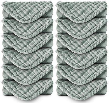 MOON PARK Baby Washcloths, 12 Pack - 12x12 Inches, Small Burp Cloths and Baby Wipes - 100% Cotton Muslin Ultra Soft for Newborn, Infant and Toddlers - Green
