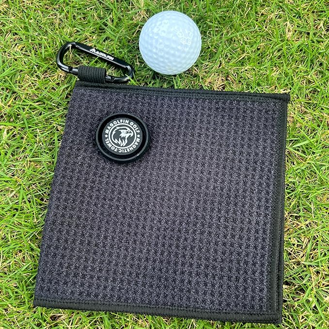 Small Magnetic Golf Towel with Clip, Microfiber Waffle Design - Industrial Strength Magnet for Glof Balls, Golf Bags, Carts Clubs - Black
