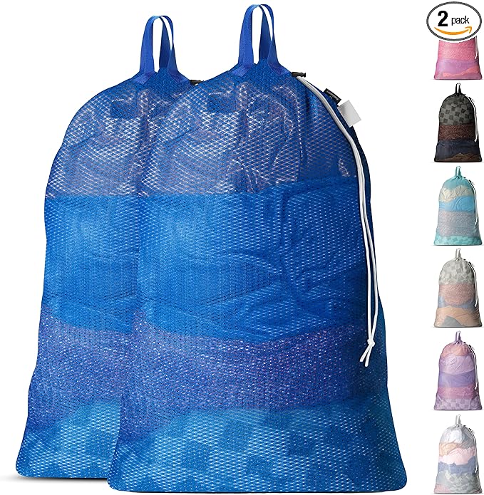 Handy Laundry Mesh Laundry Bags 24 x 36 Inches, 2-Pack - Extra Large Heavy Duty Bag with Handles & Shoulder Strap, Breathable, Machine Washable for Dorm, Travel, Bedding & Storage - Blue