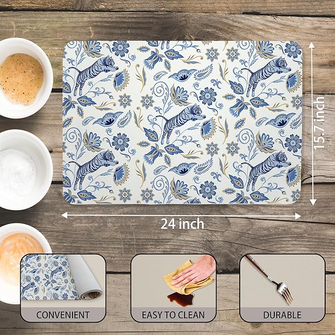 Blue and White Floral Tiger Dish Drying Mat, Chinoiserie Tiger Coffee Bar Mat for Countertops, Abstract Flower Absorbent Dish Drying Mats for Kitchen Counter Coffee Maker, 16x24 Inch
