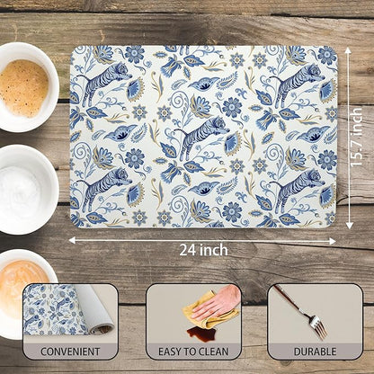 Blue and White Floral Tiger Dish Drying Mat, Chinoiserie Tiger Coffee Bar Mat for Countertops, Abstract Flower Absorbent Dish Drying Mats for Kitchen Counter Coffee Maker, 16x24 Inch