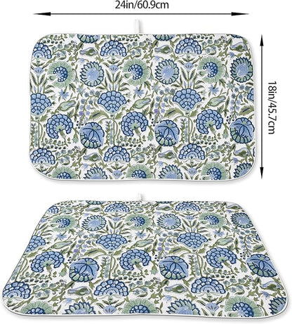Blue Sage Green Floral Dish Drying Mats 18x24 Inch Sage Green Block Print Flower Holiday Kitchen Decor Absorbent Drying Pad Rack Drainer Mats for Kitchen Dining Room Counter