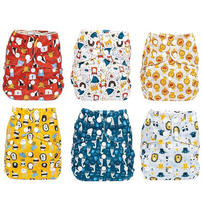 Simple Being Reusable Cloth Diapers, Double Gusset, One Size Adjustable, Washable Soft Absorbent, Waterproof Cover, Eco-Friendly Unisex Baby Girl Boy, six 4-Layers Microfiber Inserts (Boy Animals)