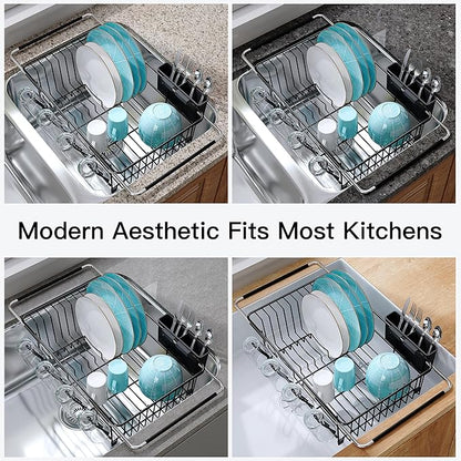 Dish Drying Rack Over the Sink In Stainless Steel Black Expandable Drainer for Small Kitchen, Counter Space Saving Compact Inside Sink Plate Dryer, Adjustable Hanging Metal Wire Strainer Drain Holder