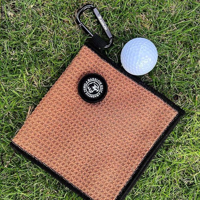 Small Magnetic Golf Towel with Clip, Microfiber Waffle Design - Industrial Strength Magnet for Glof Balls, Golf Bags, Carts Clubs - Brown