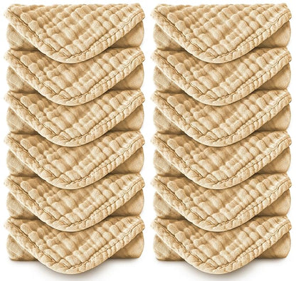 MOON PARK Baby Washcloths, 12 Pack - 12x12 Inches, Small Burp Cloths and Baby Wipes - 100% Cotton Muslin Ultra Soft for Newborn, Infant and Toddlers - Brown