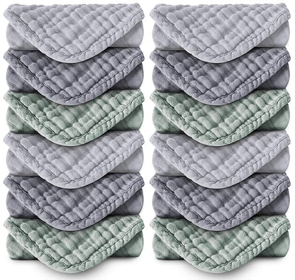MOON PARK Baby Washcloths, 12 Pack - 12x12 Inches, Small Burp Cloths and Baby Wipes - 100% Cotton Muslin Ultra Soft for Newborn, Infant and Toddlers - Grey, Green and Slate