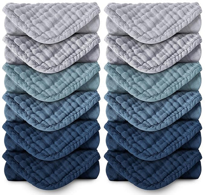 MOON PARK Baby Washcloths, 12 Pack - 12x12 Inches, Small Burp Cloths and Baby Wipes - 100% Cotton Muslin Ultra Soft for Newborn, Infant and Toddlers - Slate, Grey and Navy Series