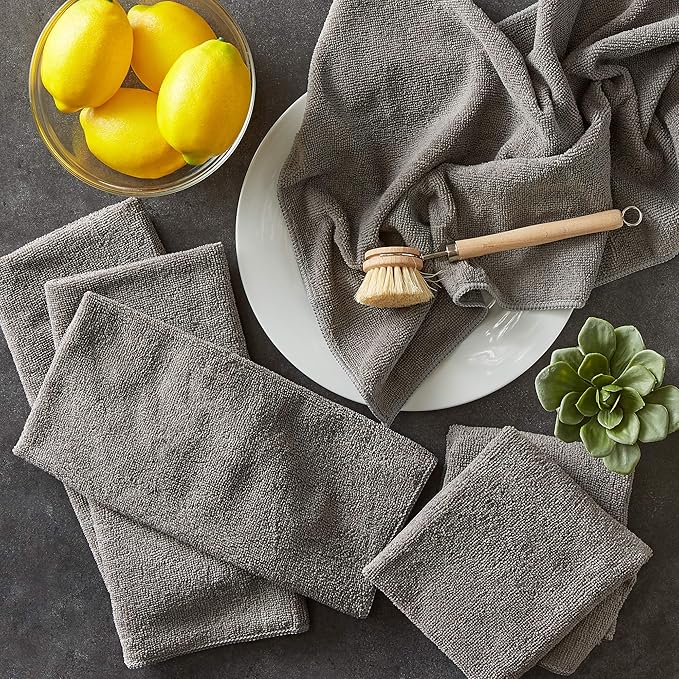 DII Cleaning Collection Soft Highly Absorbent Microfiber, Dishtowel Set, 16x24, Gray, 6 Piece