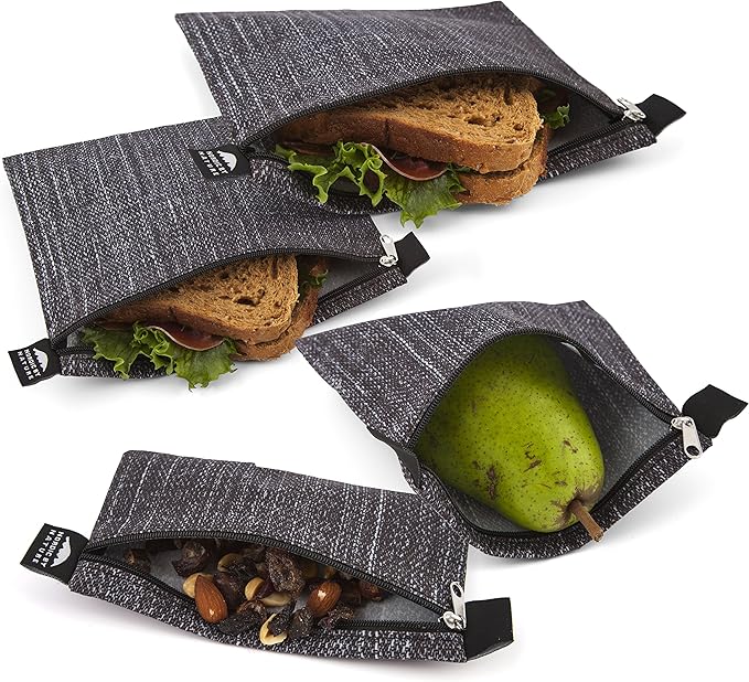 Nordic By Nature 4 Pack - Reusable Sandwich Bags Dishwasher Safe BPA Free - Durable Washable Quick Dry Cloth Baggies -Reusable Snack Bags For Kids School Lunches - Easy Open Zipper- (Black Denim)