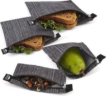 Nordic By Nature 4 Pack - Reusable Sandwich Bags Dishwasher Safe BPA Free - Durable Washable Quick Dry Cloth Baggies -Reusable Snack Bags For Kids School Lunches - Easy Open Zipper- (Black Denim)