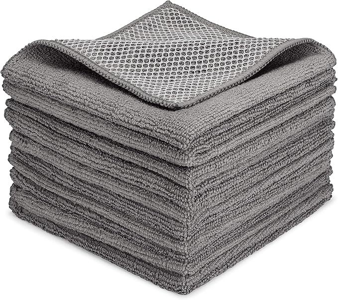 Zflow Microfiber Dish Cleaning Cloth in Grey - Dish Rags Kitchen Cleaning Cloths with Poly Scour Mesh Scrubbing Side - 10 Pack 12"x12"