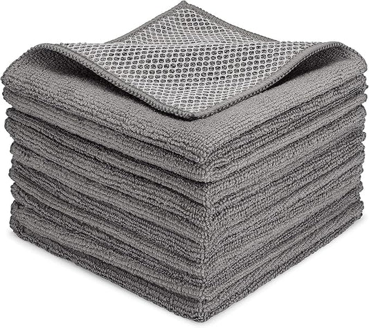 Zflow Microfiber Dish Cleaning Cloth in Grey - Dish Rags Kitchen Cleaning Cloths with Poly Scour Mesh Scrubbing Side - 10 Pack 12"x12"