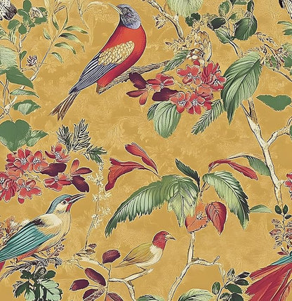 Vintage Floral Bird Wallpaper Peel and Stick,Boho Yellow Contact Paper, Retro Botanical Wall Paper Self Adhesive Removable Waterproof for Bedroom Walls Shelves Cabinet Table Decoration 17.5in x 393in