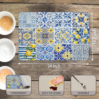 Mediterranean Tiles Dish Drying Mat, Blue White Italy Lemons Coffee Bar Mat for Countertops, Vintage Azulejo Absorbent Dish Drying Mats for Kitchen Counter Coffee Maker, 16x24 Inch